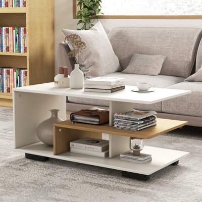 Costway Modern Rectangular Center Table Wooden Coffee Table w/ L-shaped ...