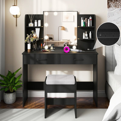 COSTWAY Modern Vanity Desk Set Dressing Table and Tool Set w/ Mirror & Lights Black