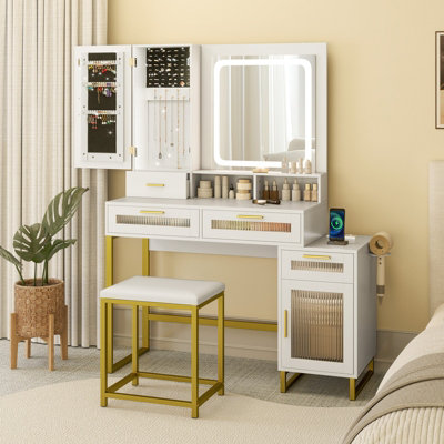 COSTWAY Modern Vanity Set Dressing Table and Chair Set w/ Adjustable Brightness