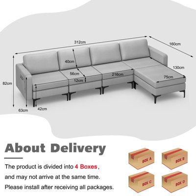 Costway Modular L-shaped Sofa Sectional Sofa Couch w/ Reversible Ottoman & USB Ports