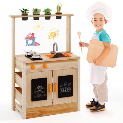 COSTWAY Mud Kitchen for Kids Fir Wood Play Kitchen w/ Planting Pots & Stovetops