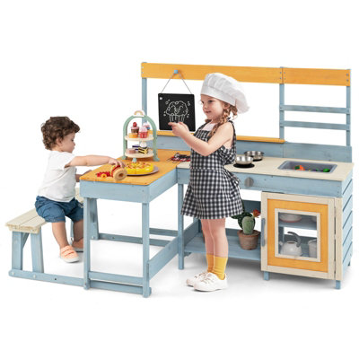 COSTWAY Mud Kitchen with Kids Picnic Table Outdoor Play Kitchen with Built-in Bench