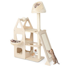 Costway Multi-Layer Cat Tree Wooden Cat Tower Cat Climbing Stand W/ Sisal Ramp & Cradle
