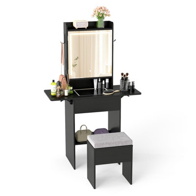 COSTWAY Narrow Vanity Table w/ Lights Compact Makeup Dressing Table w ...