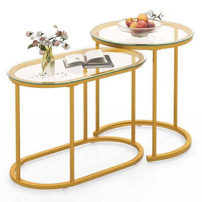 COSTWAY Nesting Coffee Table Set of 2 Round & Oval End Tables with ...