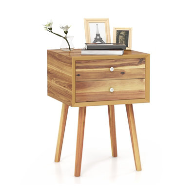 Costway Night Stand Cabinet Bedside Table with 2 Drawers Solid Wood Legs