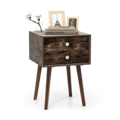 Costway Night Stand Cabinet Bedside Table with 2 Drawers Solid Wood Legs