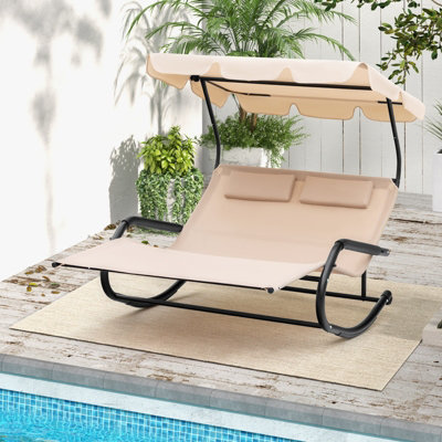 Costway Outdoor 2-Person Double Rocking Chaise Lounge w/ Canopy & Wheels Metal Frame