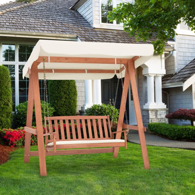 Costway Outdoor 2-Seat Swing Bench Patio Wood Porch Swing w/ Canopy & Cushions
