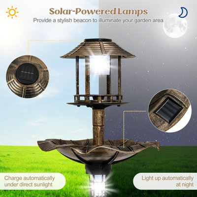 Costway Outdoor Bird Bath Lightweight Birdbaths Feeder W/ Solar-Powered Lamps