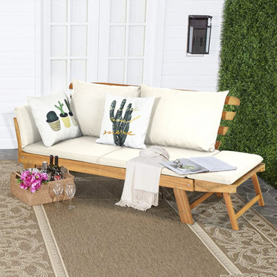 Costway Outdoor Daybed Patio Convertible Couch Sofa Wood Folding Chaise Lounge-Beige