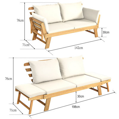 Costway Outdoor Daybed Patio Convertible Couch Sofa Wood Folding Chaise Lounge-Beige