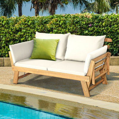 Costway Outdoor Daybed Patio Convertible Couch Sofa Wood Folding Chaise Lounge-Beige