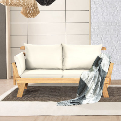 Costway Outdoor Daybed Patio Convertible Couch Sofa Wood Folding Chaise Lounge-Beige