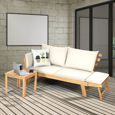 Costway Outdoor Daybed Patio Convertible Couch Sofa Wood Folding Chaise Lounge-Beige