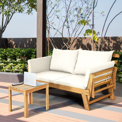 Costway Outdoor Daybed Patio Convertible Couch Sofa Wood Folding Chaise Lounge-Beige