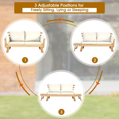 Costway Outdoor Daybed Patio Convertible Couch Sofa Wood Folding Chaise Lounge-Beige