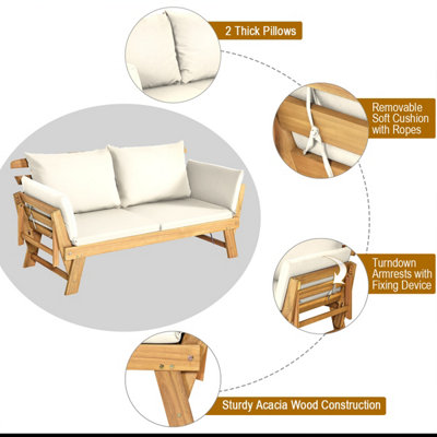 Costway Outdoor Daybed Patio Convertible Couch Sofa Wood Folding Chaise Lounge-Beige