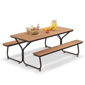 Costway Outdoor Dining Table & 2 Benches Picnic Table Bench Set w/ Umbrella Hole