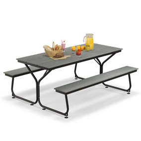 Costway Outdoor Dining Table & 2 Benches Picnic Table Bench Set w/ Umbrella Hole