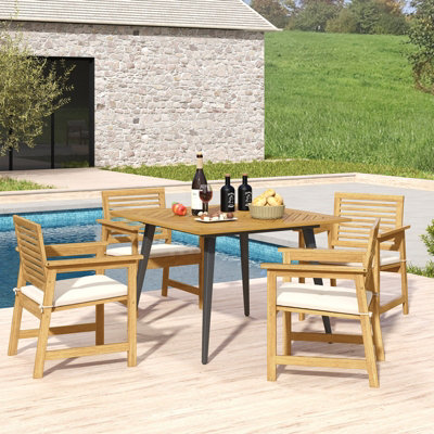 Costway Outdoor Dining Table for 4 Acacia Wood Patio Square Bistro Table w/ Umbrella Hole 107 x 107cm