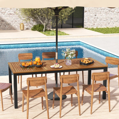 Costway Outdoor Dining Table for 8 Acacia Wood Patio Bistro Table w/ Umbrella Hole 200 x 90cm