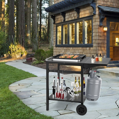 Grill Carts Outdoor With Wheels Dining Cart Table With Three Shelf, Movable Outdoor BBQ Grill Table Pizza Oven Stand With Three Hooks Kitchen Cart Island Home Outdoor Kitchen Island