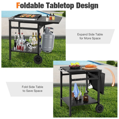 Grill Carts Outdoor With Wheels Dining Cart Table With Three Shelf, Movable Outdoor BBQ Grill Table Pizza Oven Stand With Three Hooks Kitchen Cart Island Home Outdoor Kitchen Island