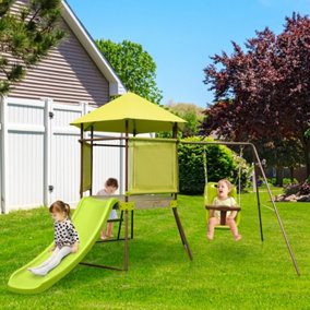 Costway Outdoor Kids Swing Slide Set Metal Backyard Swing Set W/ Covered Playhouse Fort