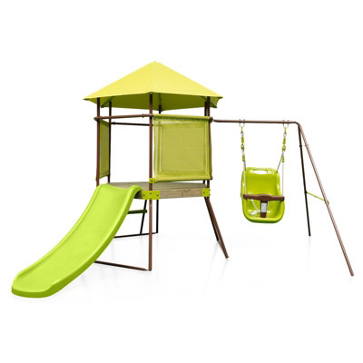 Costway Outdoor Kids Swing Slide Set Metal Backyard Swing Set W/ Covered Playhouse Fort