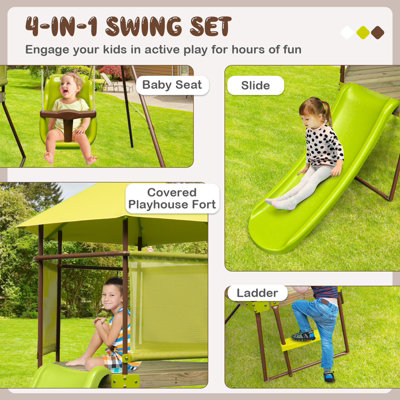 Costway Outdoor Kids Swing Slide Set Metal Backyard Swing Set W Covered Playhouse Fort