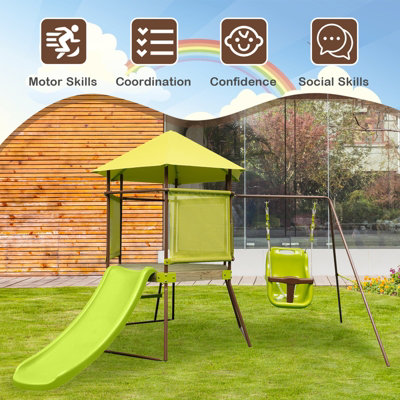 Costway Outdoor Kids Swing Slide Set Metal Backyard Swing Set W Covered Playhouse Fort