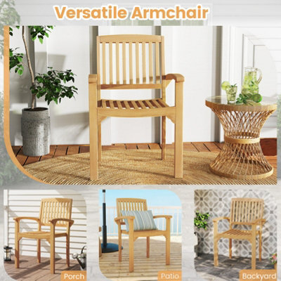 COSTWAY Outdoor Patio Chair Teak Wood Armchair with Slatted Seat Wooden ...