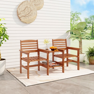 Costway Outdoor Patio Loveseat Wood 2 Seat Conversation Set w Coffee Table Umbrella Hole DIY at B Q