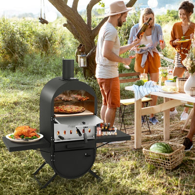 Costway Outdoor Pizza Oven Wood Fired Pizza Maker w/ Thermometer & Cooking Grill - 9