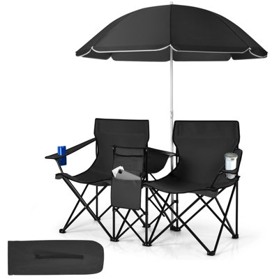 Costway Outdoor Portable Double Camping Chair Folding Picnic Chairs W/ Umbrella & Ice Bag