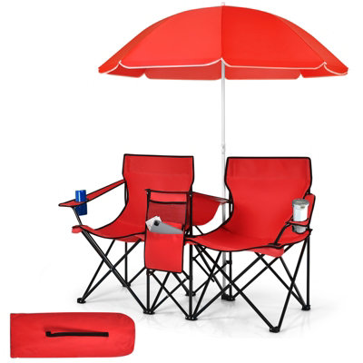 Costway Outdoor Portable Double Camping Chair Folding Picnic Chairs W/ Umbrella & Ice Bag