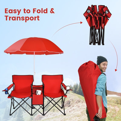 Costway Outdoor Portable Double Camping Chair Folding Picnic Chairs W Umbrella Ice Bag