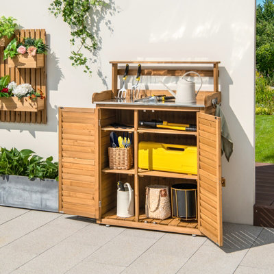 Costway Outdoor Potting Bench Wooden Storage Cabinet Garden Workstation Table