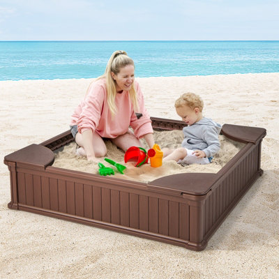 Costway Outdoor Sandbox Kids Sand Pit 4 Corner Seats Ground Liner Sandpit W Oxford Cover
