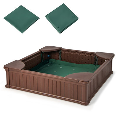 Costway Outdoor Sandbox Kids Sand Pit 4 Corner Seats Ground Liner Sandpit W/Oxford Cover