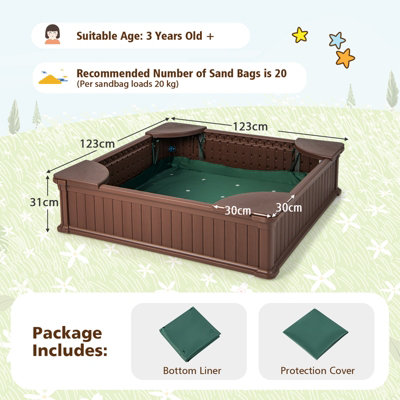 Costway Outdoor Sandbox Kids Sand Pit 4 Corner Seats Ground Liner Sandpit W/Oxford Cover - 3