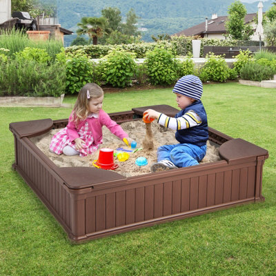 Costway Outdoor Sandbox Kids Sand Pit 4 Corner Seats Ground Liner Sandpit W/Oxford Cover - 8