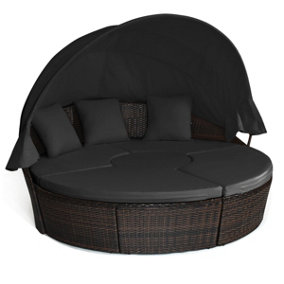 Costway Outdoor Wicker Daybed Patio Round Sectional Furniture Set w/ Canopy & Cushions