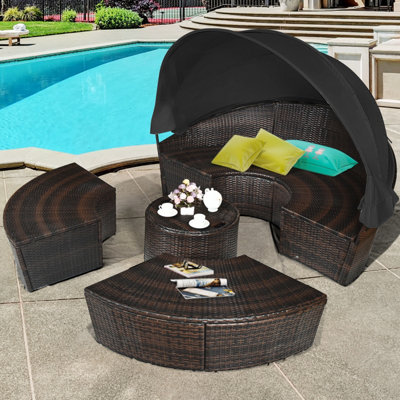 Costway Outdoor Wicker Daybed Patio Round Sectional Furniture Set w Canopy Cushions