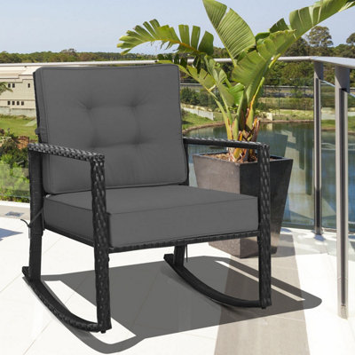 Costway Outdoor Wicker Furniture Rocking Chair Metal Frame Patio Rattan  Rocker w/ Cushion