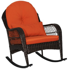 COSTWAY Outdoor Wicker Rocking Chair Patio Rattan Rocker w/ Back Cushions Orange