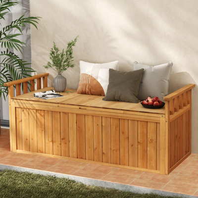 COSTWAY Outdoor Wood Storage Bench 209 L Large Storage Deck Box w/ Armrests