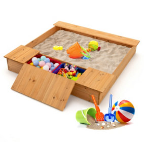 Costway Outdoor Wooden Kids Sandpit  Children Sandbox Play Station w/ Storage Boxes