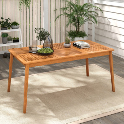 COSTWAY Outdoor Wooden Long Dining Table 170 x 90cm Rectangular Patio Table with Umbrella Hole